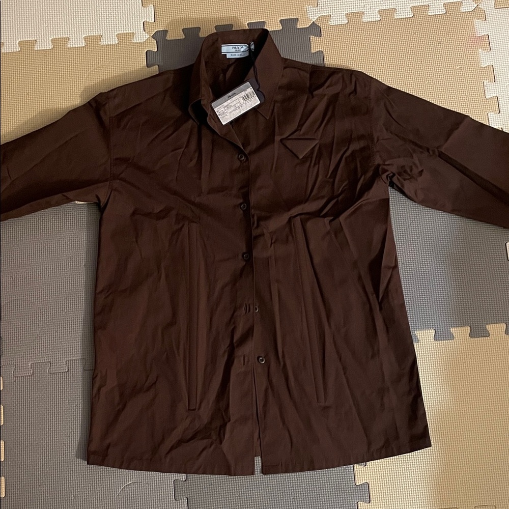 NWT Prada Cacao Brown Button Down Shirt with iconic triangle logo